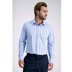 Haggar Mens Size 15-15 1/2 34/35 Blue Plaid Slim Fit LS Button Up Shirt NWT